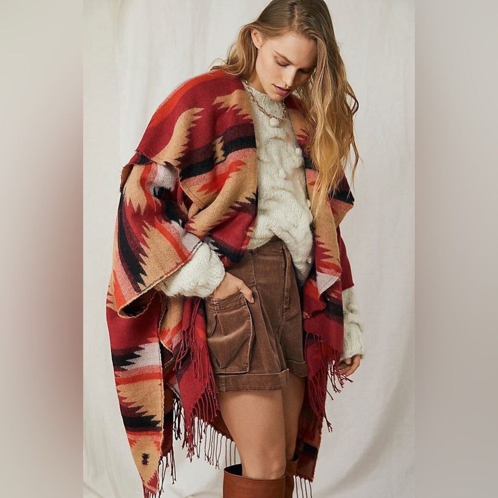Free People Red and Black Patterned Poncho
